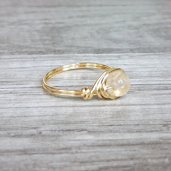 Dainty Clear Quartz Crystal Beaded Ring, Stackable Gemstone Wire Ring, Size 7.5 - Picture 2 of 4